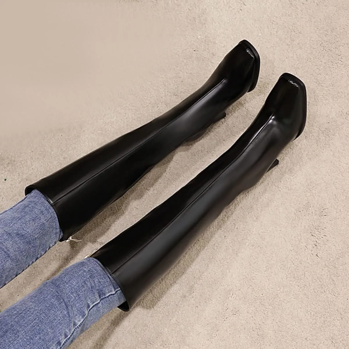 SHEMEE Women's Square Toe Chunky Heeled Knee High Boots Block Heels Tall Boot with Side Zipper