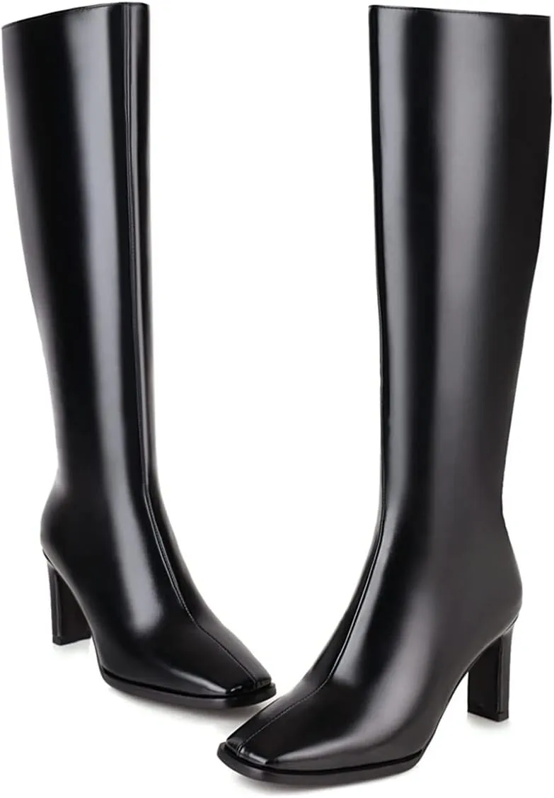 SHEMEE Women's Square Toe Chunky Heeled Knee High Boots Block Heels Tall Boot with Side Zipper
