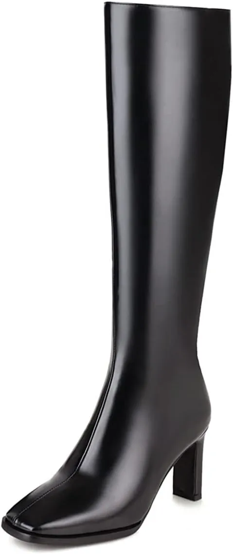 SHEMEE Women's Square Toe Chunky Heeled Knee High Boots Block Heels Tall Boot with Side Zipper