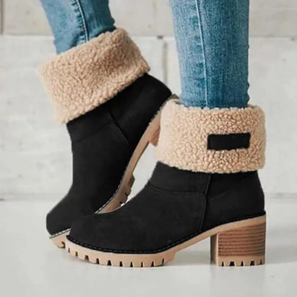 Sherum Winter Boots Womens, Women's Chunky Heel Round Toe Snow Boots, Mid-Calf Chunky Heel Suede Winter Boots(Brown,7.5)