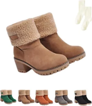 Sherum Winter Boots Womens, Women's Chunky Heel Round Toe Snow Boots, Mid-Calf Chunky Heel Suede Winter Boots(Brown,7.5)