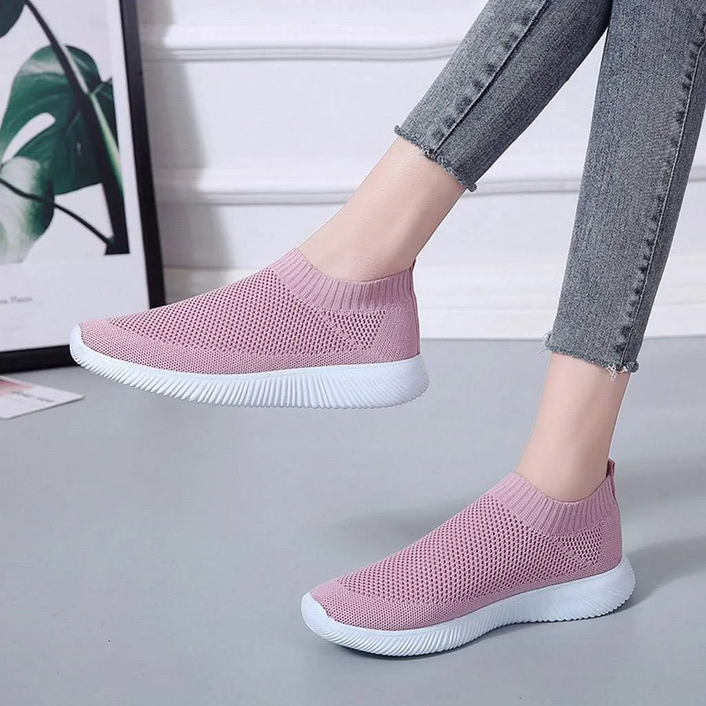 Slip On Orthopedic Sneakers Women Breathable Mesh Knitted Woven L𝐨w Top Walking Shoes Wide Width Soft Sole Arch Support Non-Slip Shoes