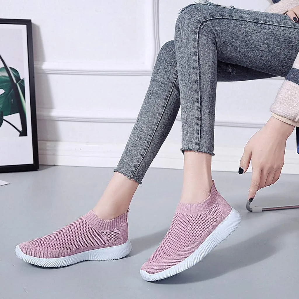 Slip On Orthopedic Sneakers Women Breathable Mesh Knitted Woven L𝐨w Top Walking Shoes Wide Width Soft Sole Arch Support Non-Slip Shoes