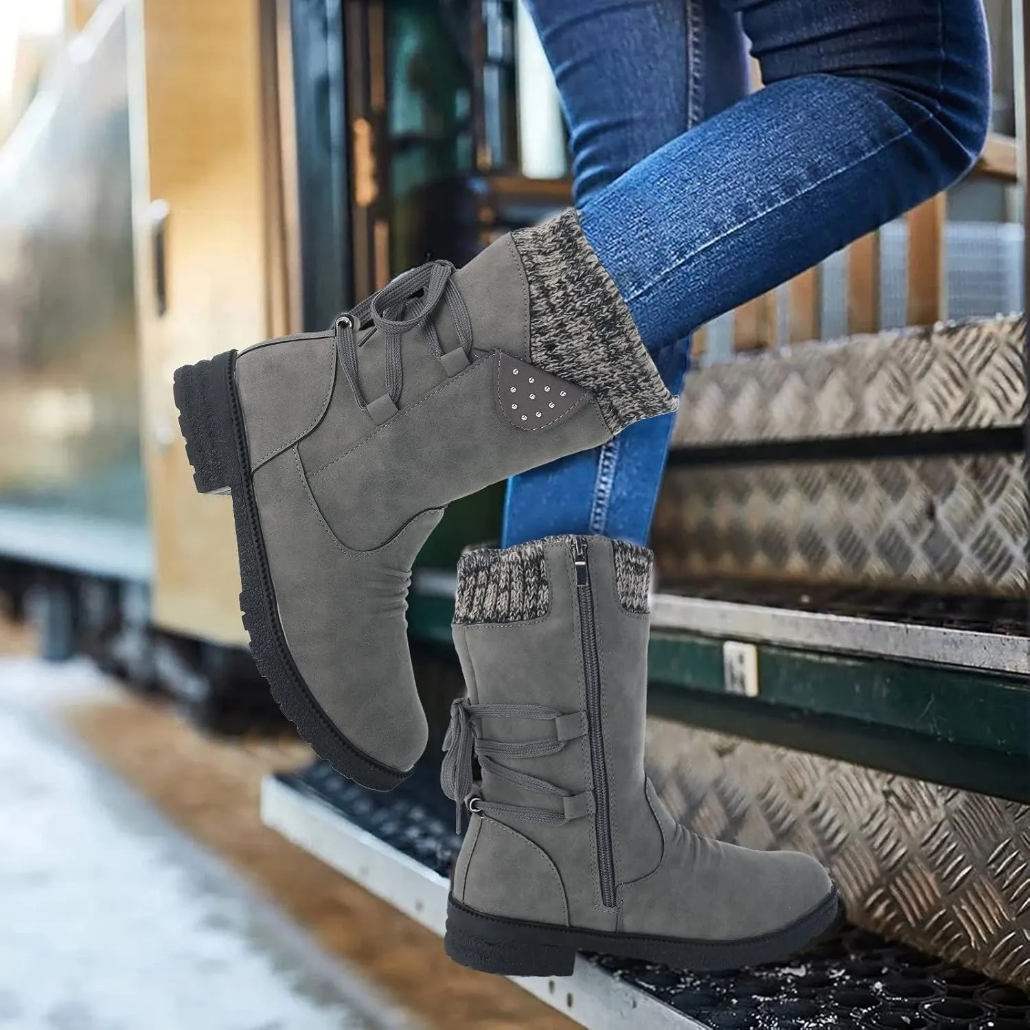 Snow Boots for Women Platform Boots for Women Chunky Heel Retro Style Lace-Up Chunky Heel Mid-Calf Boots Snow Boots