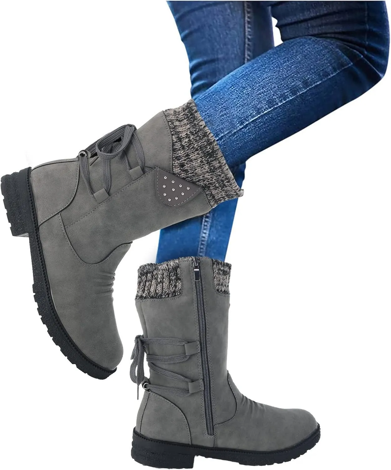 Snow Boots for Women Platform Boots for Women Chunky Heel Retro Style Lace-Up Chunky Heel Mid-Calf Boots Snow Boots