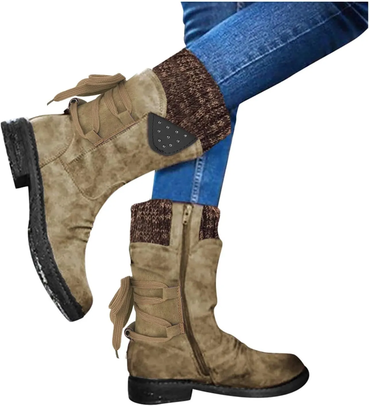 Snow Boots for Women Platform Boots for Women Chunky Heel Retro Style Lace-Up Chunky Heel Mid-Calf Boots Snow Boots