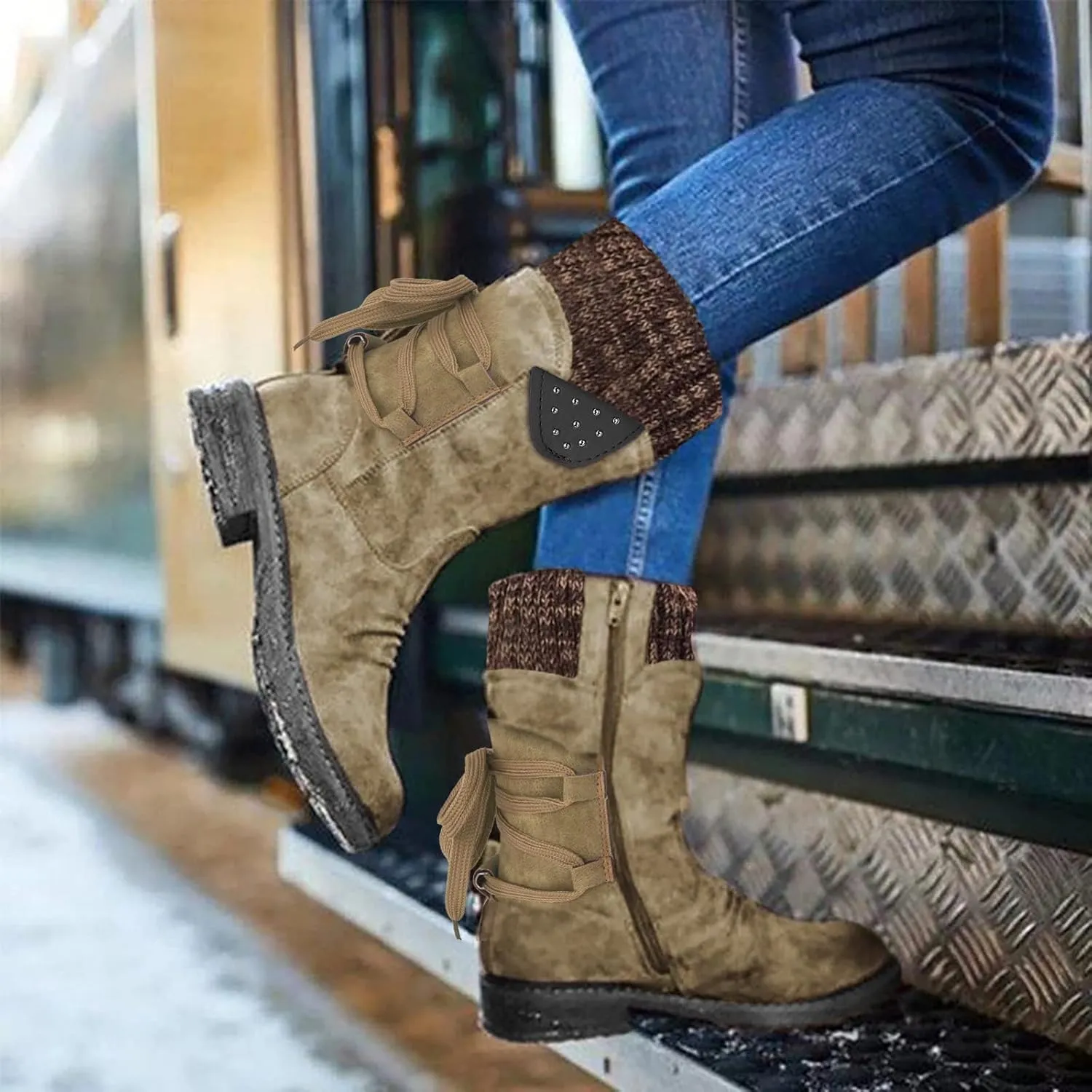 Snow Boots for Women Platform Boots for Women Chunky Heel Retro Style Lace-Up Chunky Heel Mid-Calf Boots Snow Boots