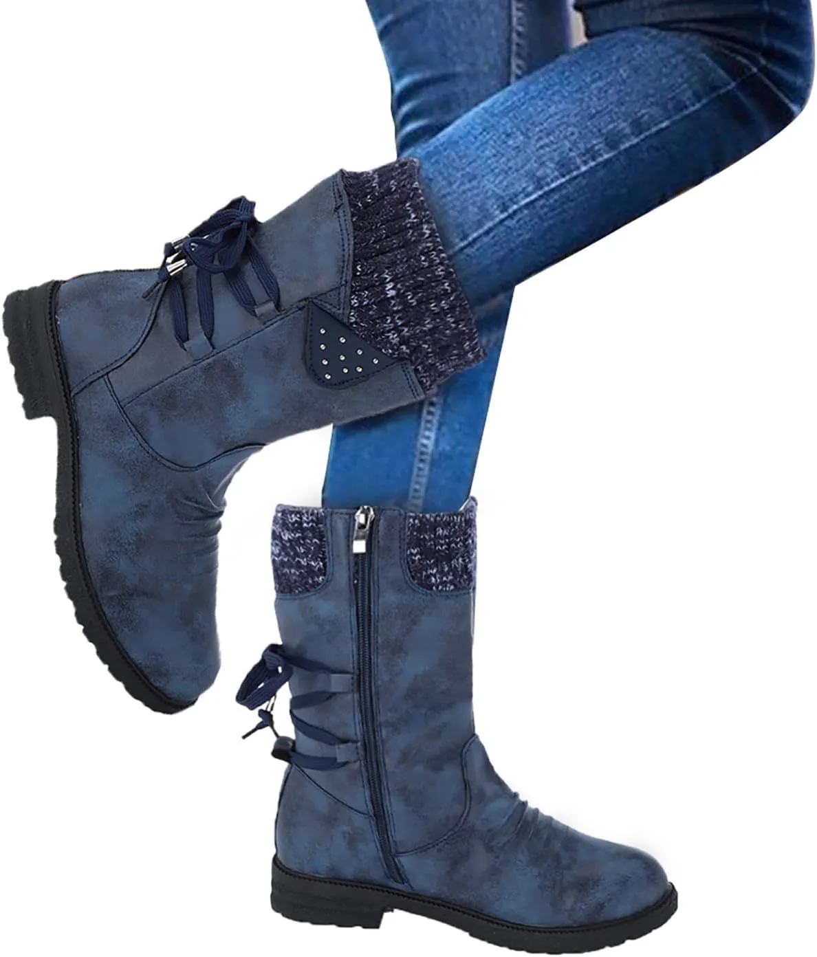 Snow Boots for Women Platform Boots for Women Chunky Heel Retro Style Lace-Up Chunky Heel Mid-Calf Boots Snow Boots