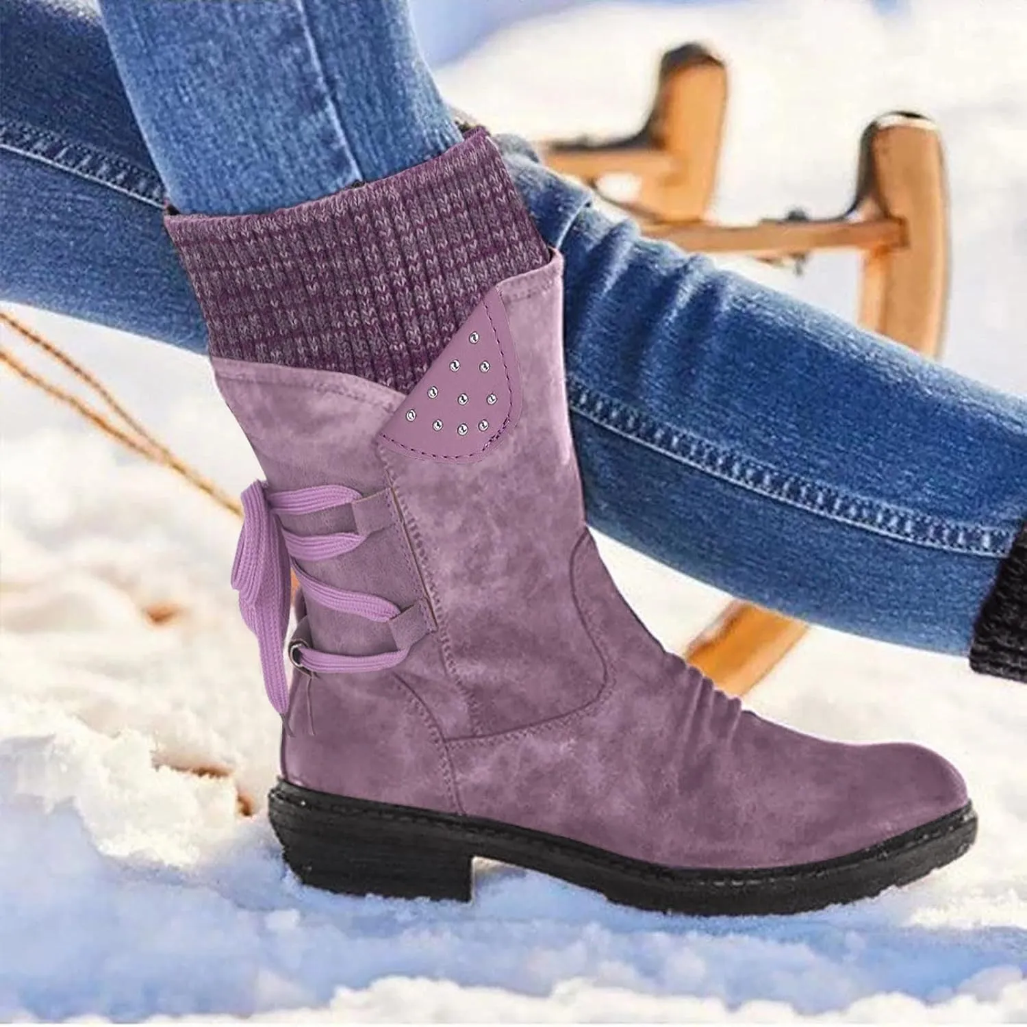 Snow Boots for Women Platform Boots for Women Chunky Heel Retro Style Lace-Up Chunky Heel Mid-Calf Boots Snow Boots