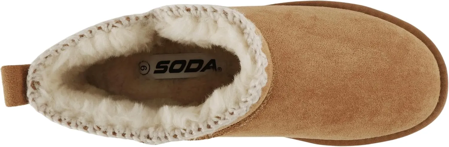 Soda Groove ~ Women Round Toe Lug Sole Low Flatform Sherpa-lined Ankle Bootie with Stitch Detail