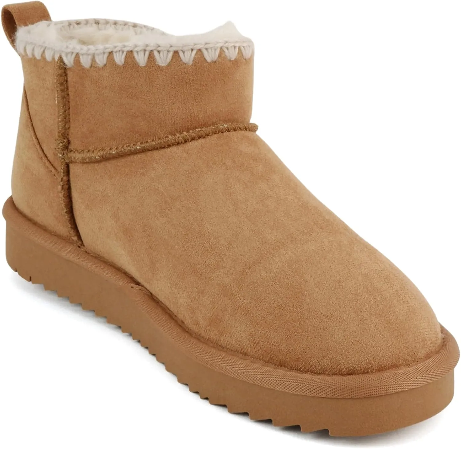 Soda Groove ~ Women Round Toe Lug Sole Low Flatform Sherpa-lined Ankle Bootie with Stitch Detail
