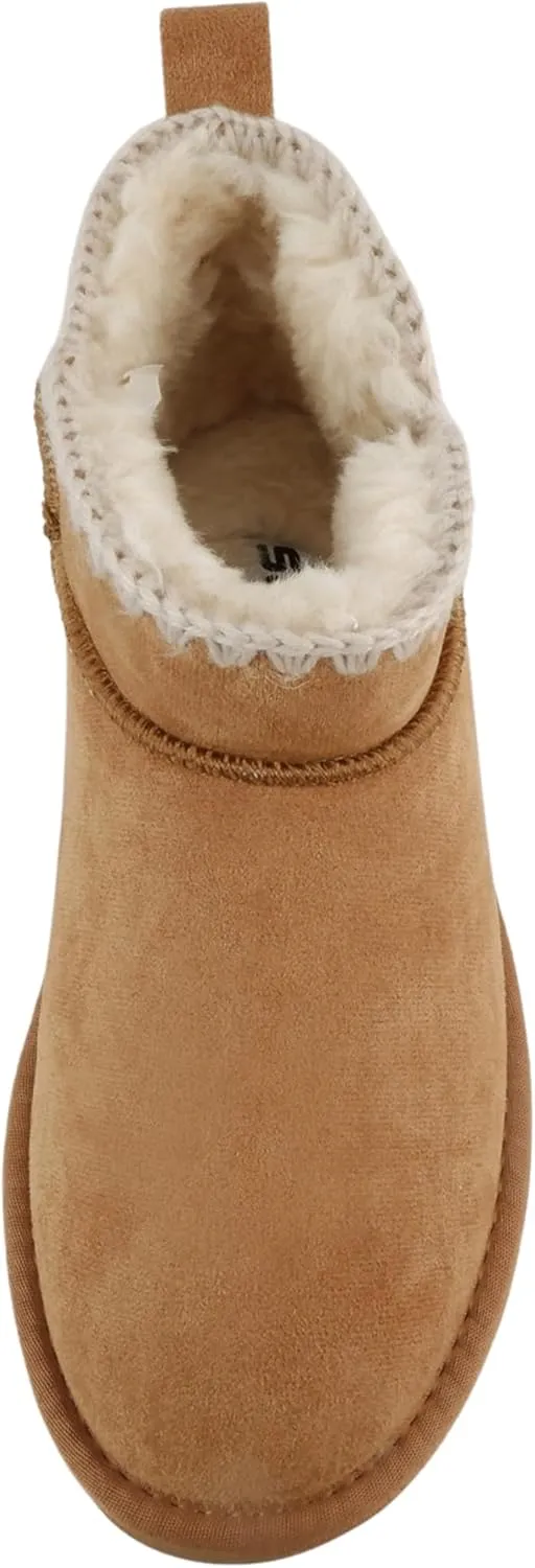 Soda Groove ~ Women Round Toe Lug Sole Low Flatform Sherpa-lined Ankle Bootie with Stitch Detail