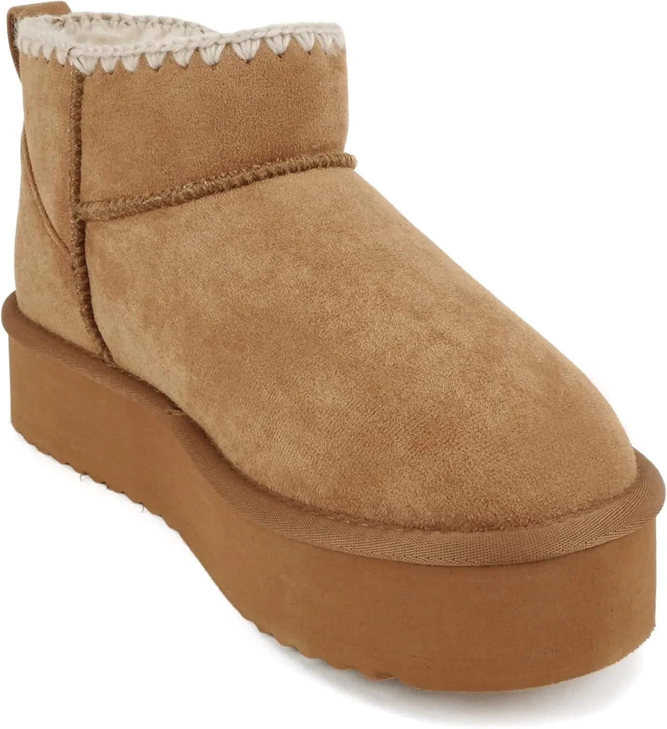 Soda Groove ~ Women Round Toe Lug Sole Low Flatform Sherpa-lined Ankle Bootie with Stitch Detail