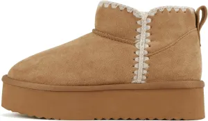 Soda Groove ~ Women Round Toe Lug Sole Low Flatform Sherpa-lined Ankle Bootie with Stitch Detail