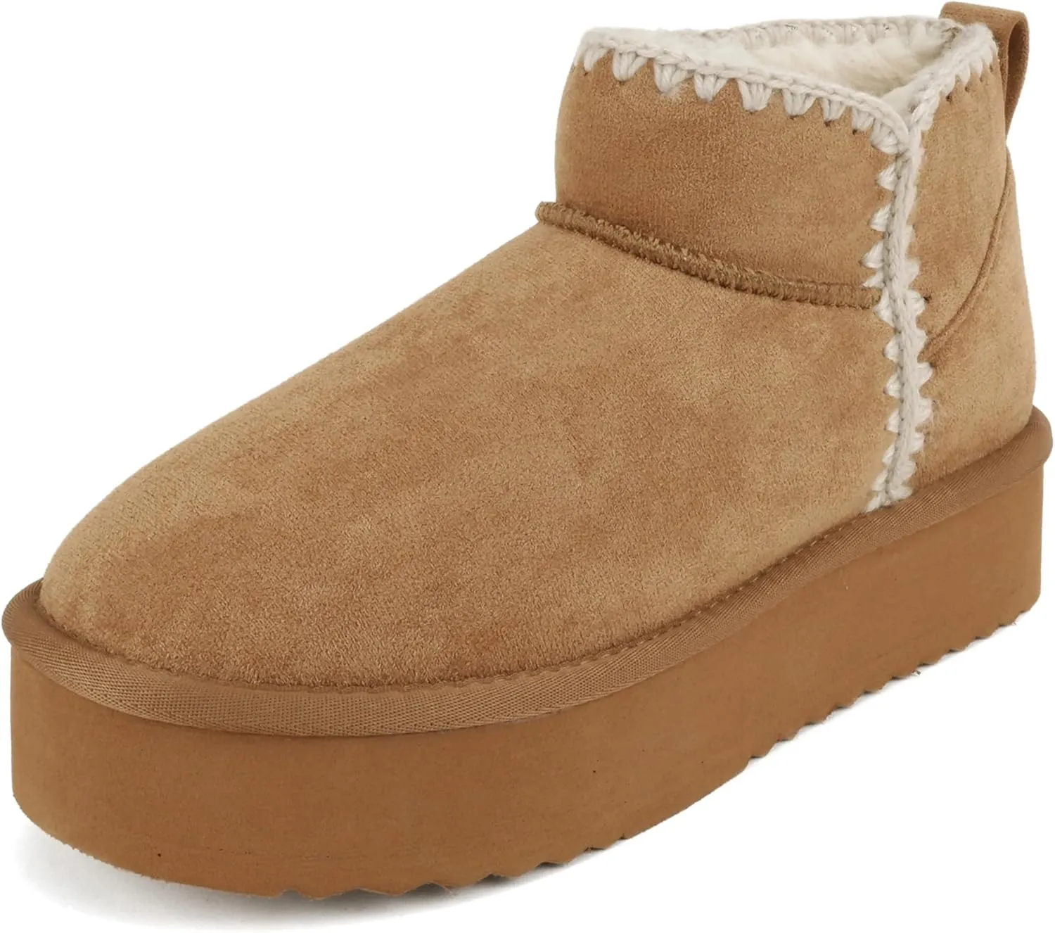 Soda Groove ~ Women Round Toe Lug Sole Low Flatform Sherpa-lined Ankle Bootie with Stitch Detail