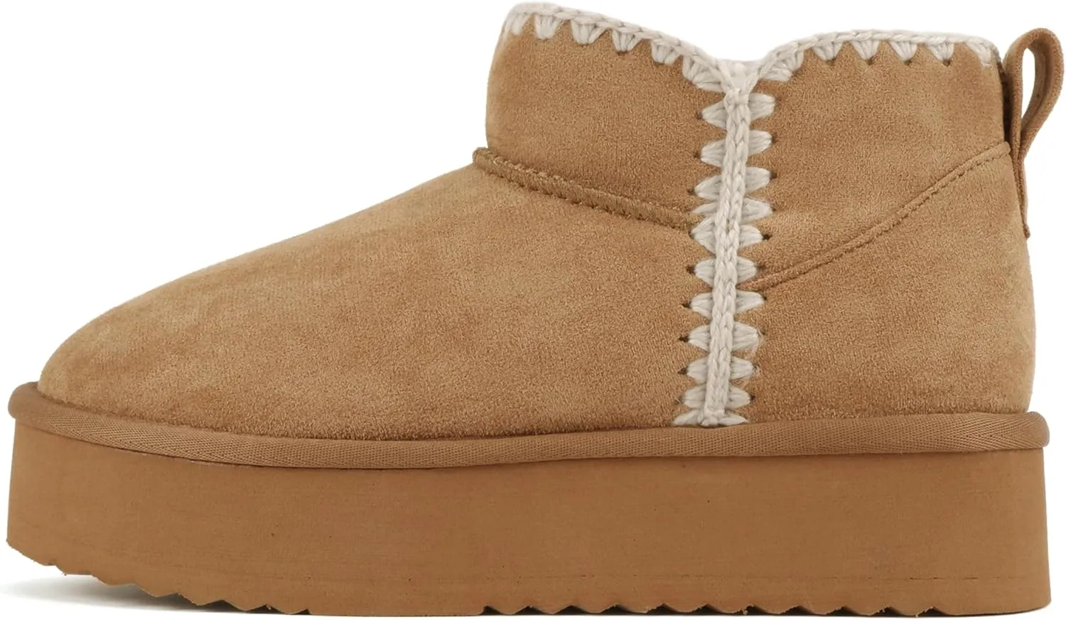 Soda Groove ~ Women Round Toe Lug Sole Low Flatform Sherpa-lined Ankle Bootie with Stitch Detail