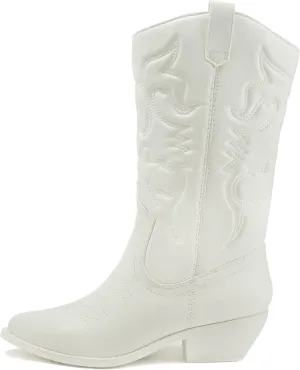 Soda Reno Women Western Cowboy Pointed Toe Knee High Pull On Tabs Boots (All White Pu, US Footwear Size System, Adult, Women, Numeric, Medium, 7)