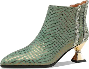 TinaCus Patterned Genuine Leather Women's Pointed Toe Handmade Mid Heels Zip Up Graceful Ankle Boots