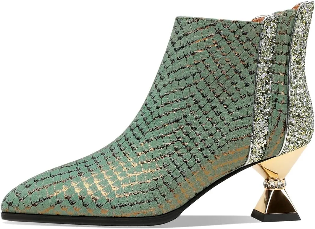 TinaCus Patterned Genuine Leather Women's Pointed Toe Handmade Mid Heels Zip Up Graceful Ankle Boots
