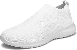 TIOSEBON Women's Walking Sock Shoes Elastic Knit Lightweight Slip on Yoga Sneakers All White 11.5 US
