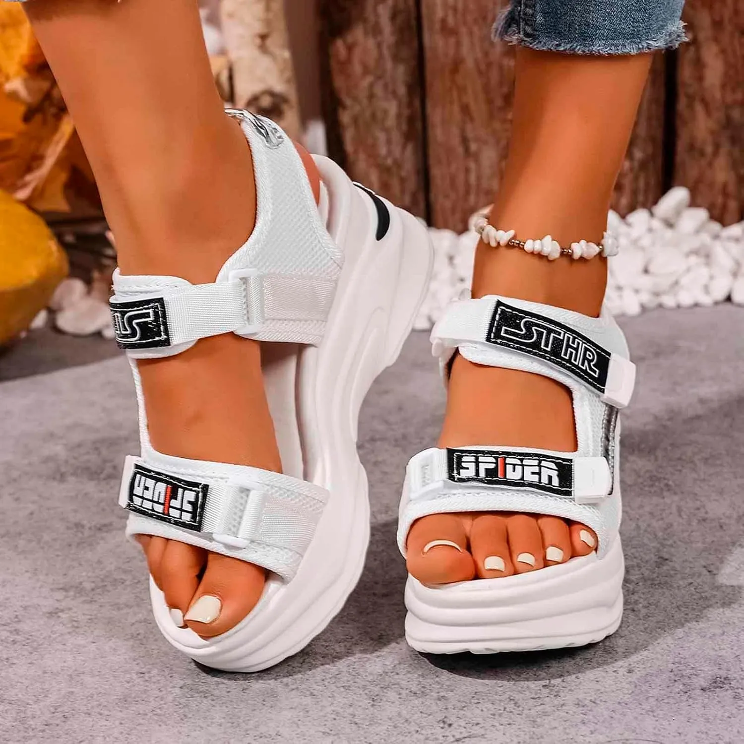 Trendy Women's Open Toe Sandals Comfortable Summer Footwear with 7.5cm Heel for Casual Outings and Beach