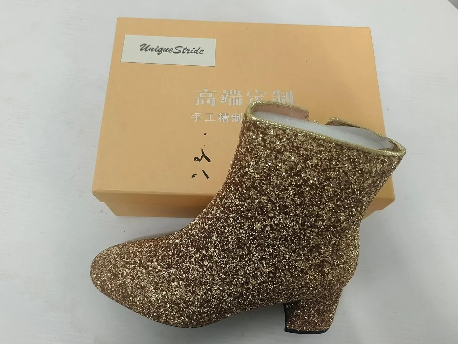 UniqueStride Womens Glitter Chunky Heel Ankle Boots Sequins Block High Heels Pointed Toe Zipper Booties