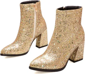 UniqueStride Womens Glitter Chunky Heel Ankle Boots Sequins Block High Heels Pointed Toe Zipper Booties