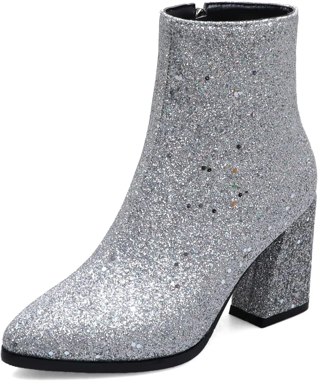 UniqueStride Womens Glitter Chunky Heel Ankle Boots Sequins Block High Heels Pointed Toe Zipper Booties