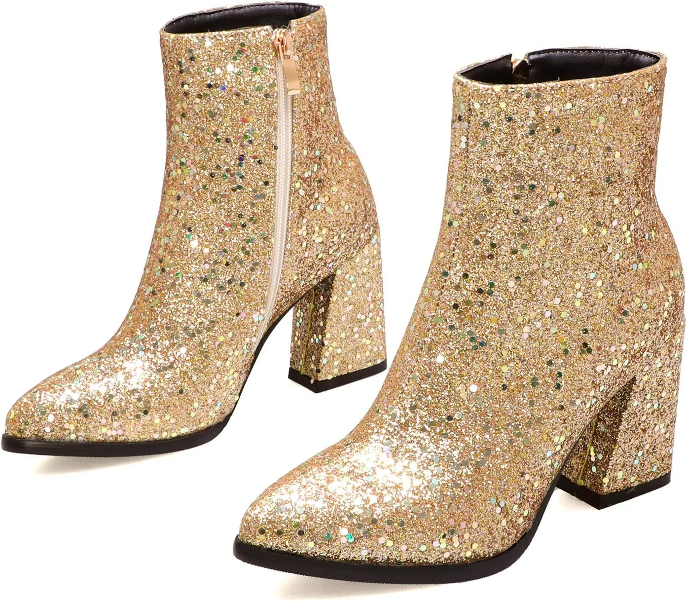 UniqueStride Womens Glitter Chunky Heel Ankle Boots Sequins Block High Heels Pointed Toe Zipper Booties