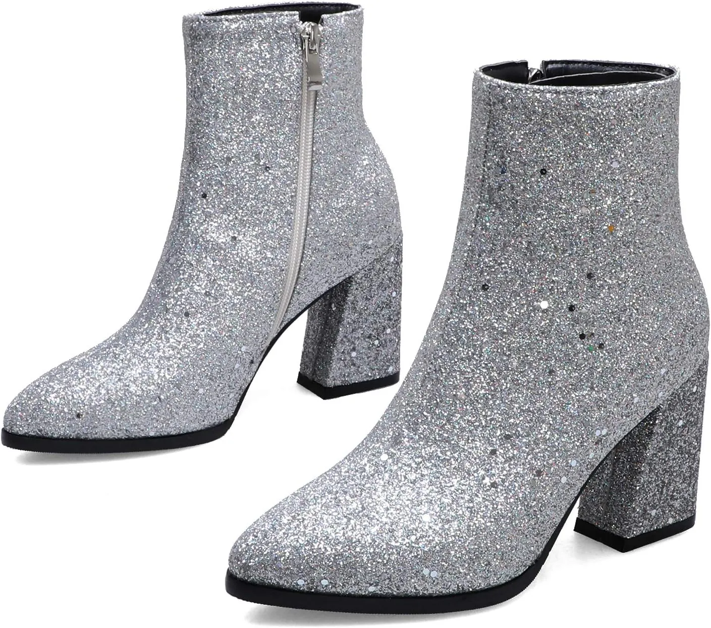 UniqueStride Womens Glitter Chunky Heel Ankle Boots Sequins Block High Heels Pointed Toe Zipper Booties