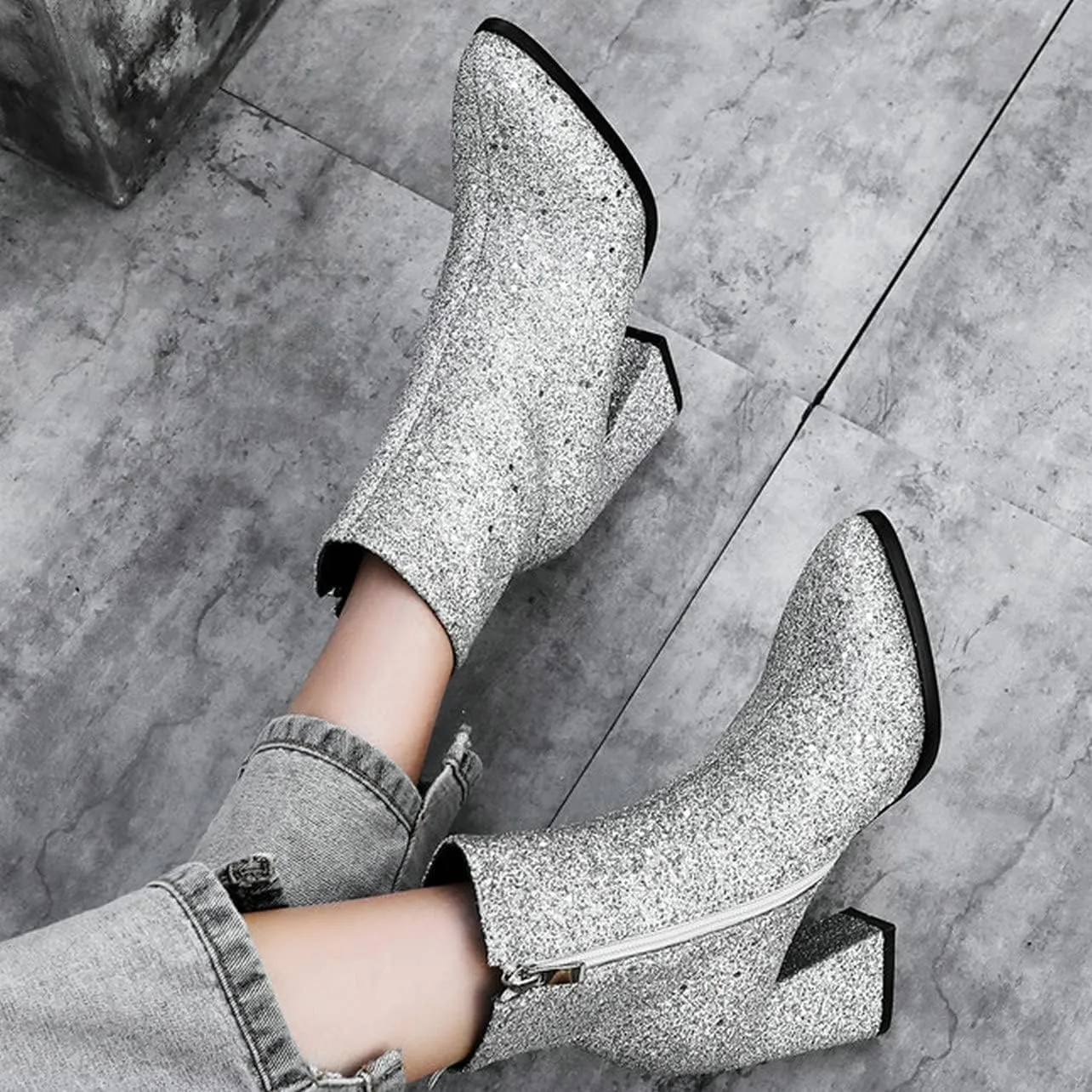 UniqueStride Womens Glitter Chunky Heel Ankle Boots Sequins Block High Heels Pointed Toe Zipper Booties