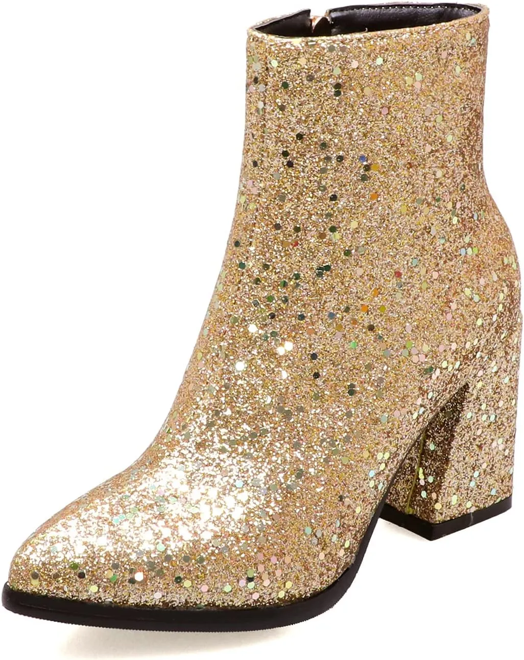 UniqueStride Womens Glitter Chunky Heel Ankle Boots Sequins Block High Heels Pointed Toe Zipper Booties