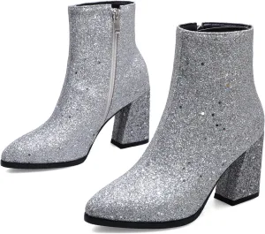UniqueStride Womens Glitter Chunky Heel Ankle Boots Sequins Block High Heels Pointed Toe Zipper Booties