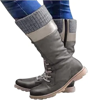 Winter Boots For Women 2022 Trendy Lace up Mid Calf Riding Military Combat Boots Side Zipper Low Heel Platform Boots