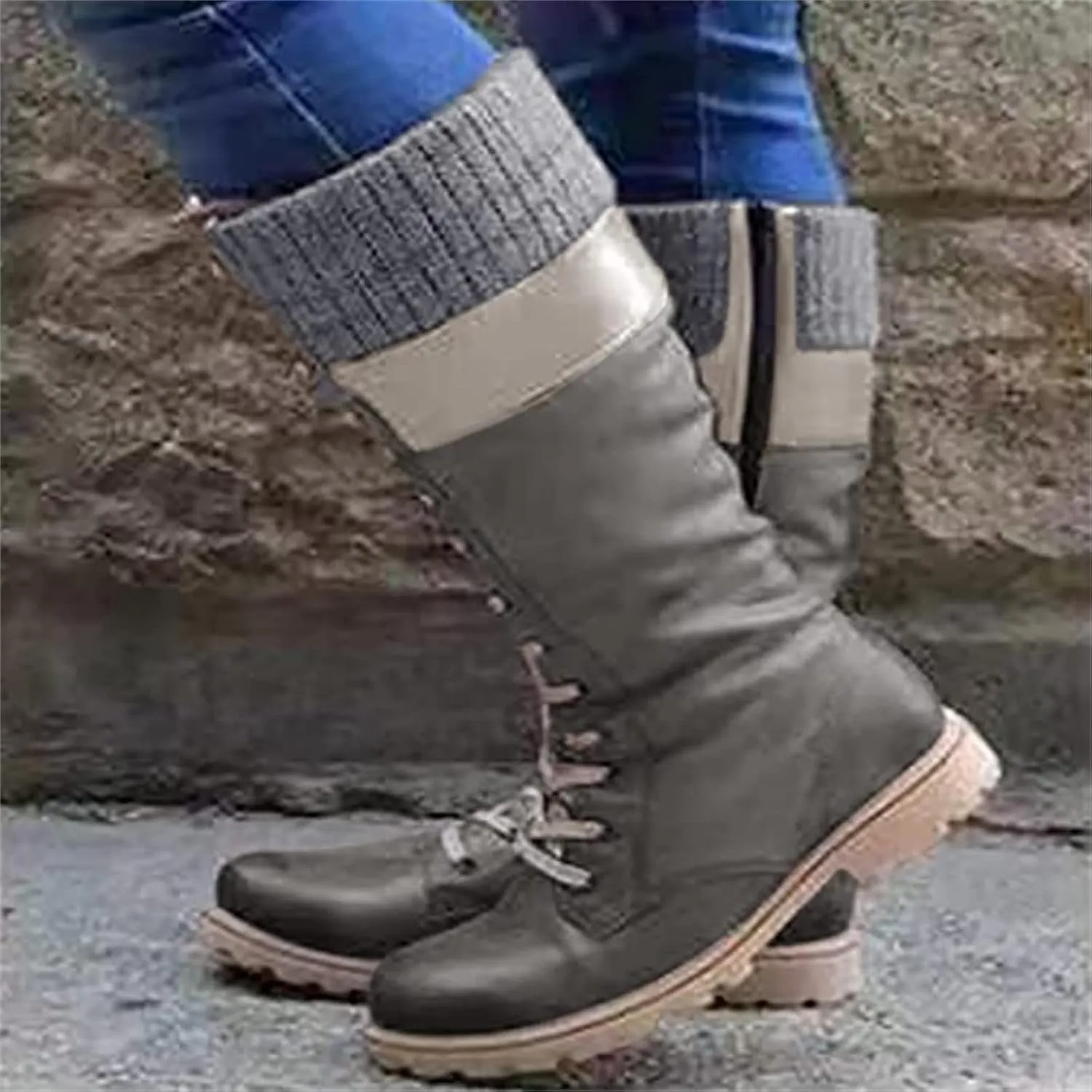 Winter Boots For Women Fashion 2022 Lace up Mid Calf Combat Riding Military Boots Side Zipper Low Heel Platform Shoes
