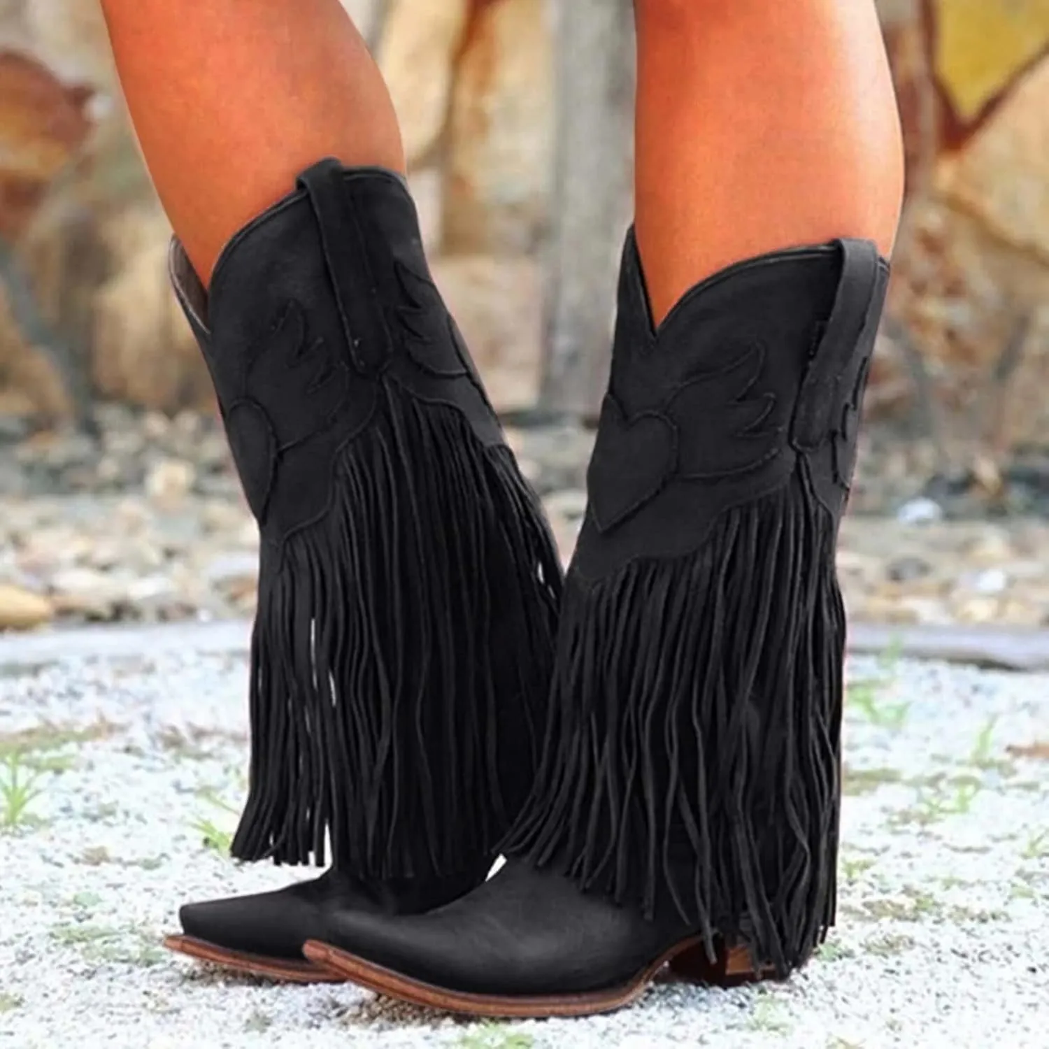 Women Mid Calf Boots Fashion Western Boots Women Fashion Western Chunky Heel Pointed Toe Tassel Fashion Women Boots