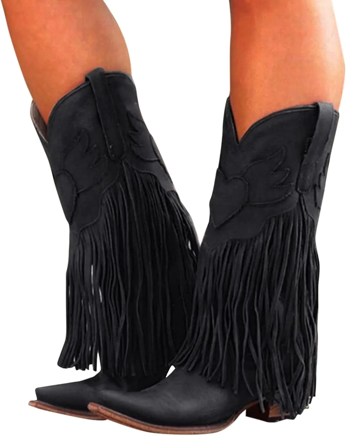 Women Mid Calf Boots Fashion Western Boots Women Fashion Western Chunky Heel Pointed Toe Tassel Fashion Women Boots