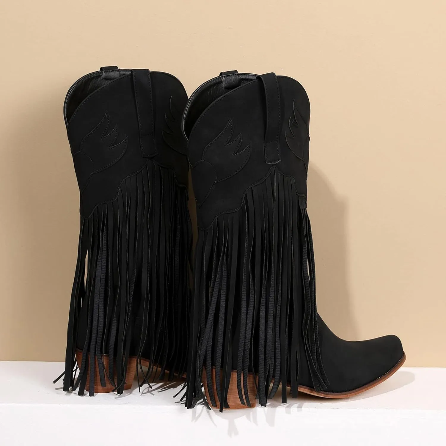 Women Mid Calf Boots Fashion Western Boots Women Fashion Western Chunky Heel Pointed Toe Tassel Fashion Women Boots