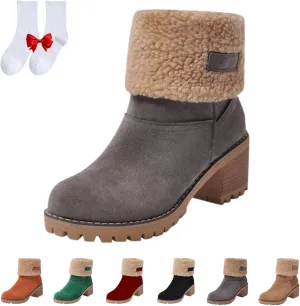 Women's Chunky Heel Round Toe Snow Boots, Dotmalls Seniors' Chunky Heel Winter Boots Shoes, Green Suede Boots