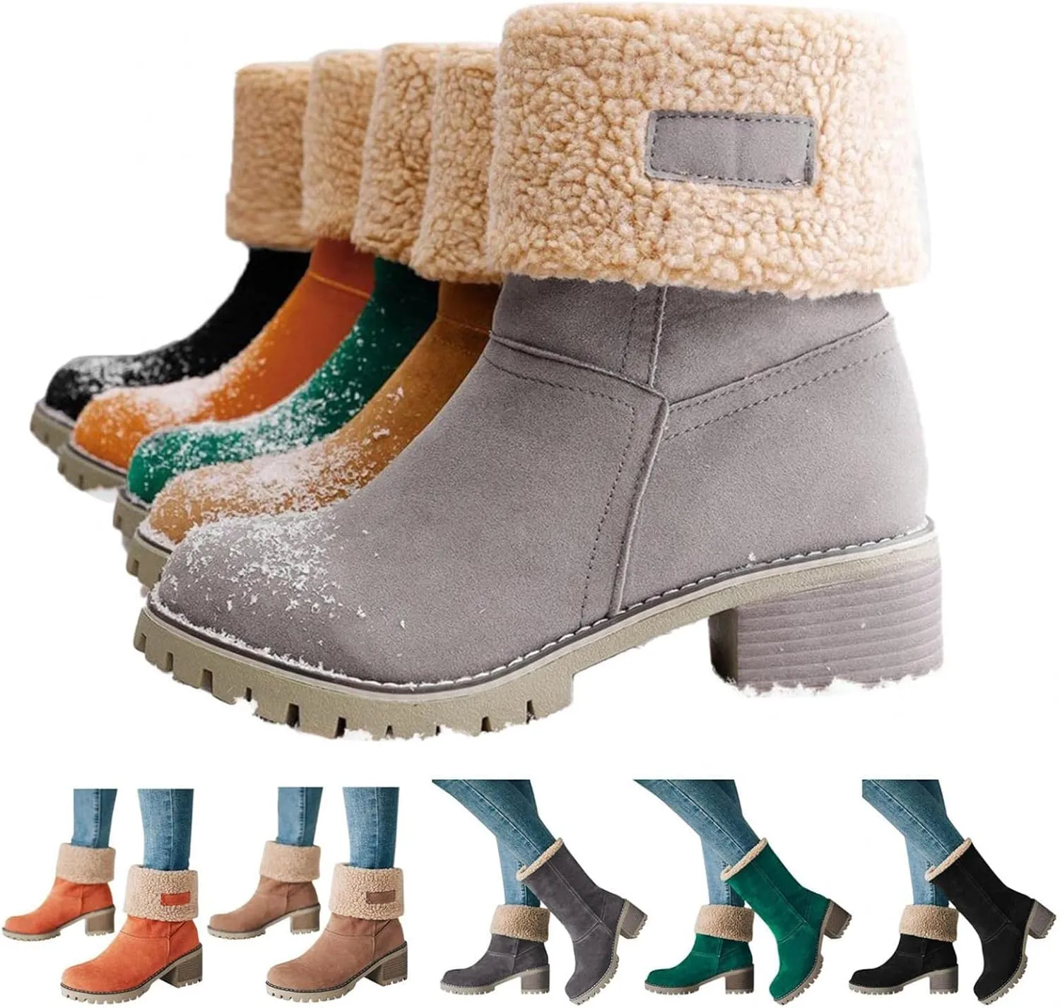 Women's Chunky Heel Round Toe Snow Boots, Dotmalls Seniors' Chunky Heel Winter Boots Shoes, Green Suede Boots