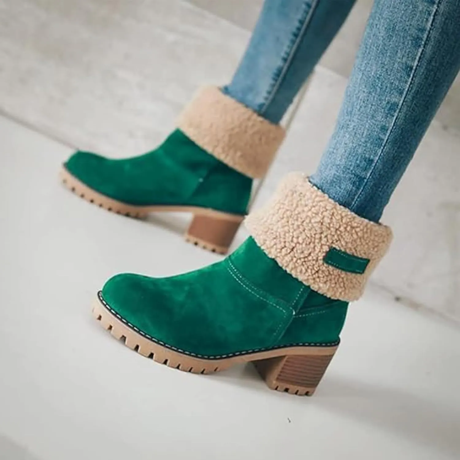 Women's Chunky Heel Round Toe Snow Boots, Dotmalls Seniors' Chunky Heel Winter Boots Shoes, Green Suede Boots