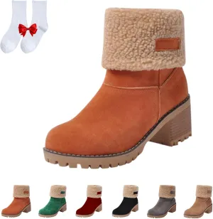 Women's Chunky Heel Round Toe Snow Boots, Dotmalls Seniors' Chunky Heel Winter Boots Shoes, Green Suede Boots