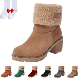 Women's Chunky Heel Round Toe Snow Boots, Dotmalls Seniors' Chunky Heel Winter Boots Shoes, Green Suede Boots