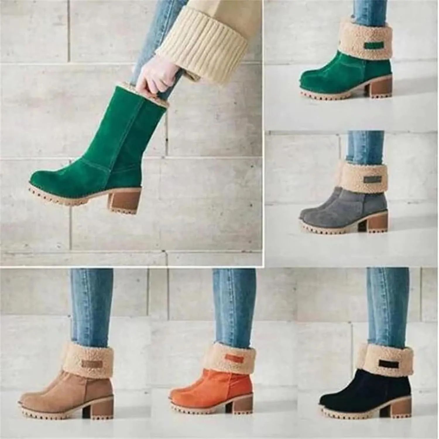Women's Chunky Heel Round Toe Snow Boots, Dotmalls Seniors' Chunky Heel Winter Boots Shoes, Green Suede Boots
