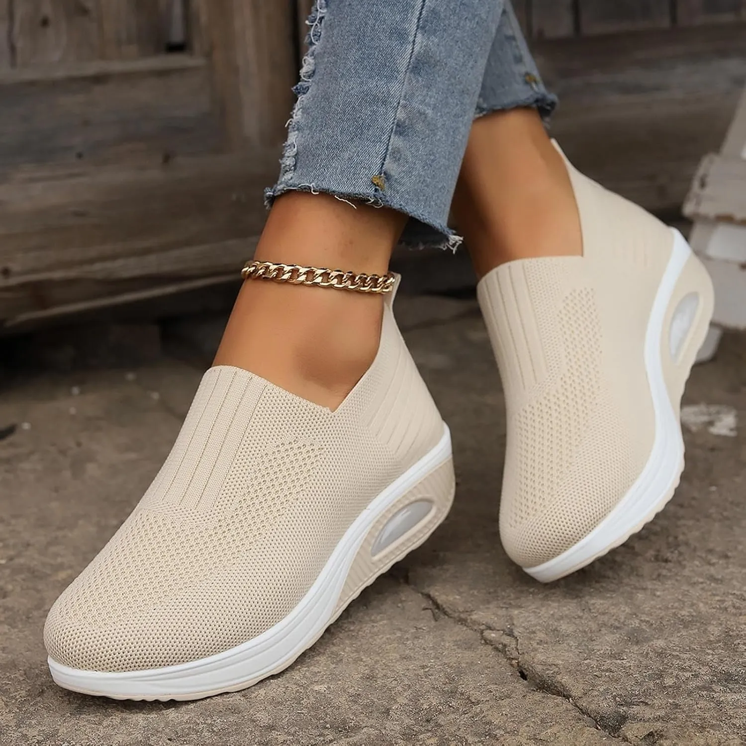 Women's Fashion Sneakers Elastic Fly Woven Mesh Shoes Breathable Solid Shoes Air Cushion Sole Cushion Shoes