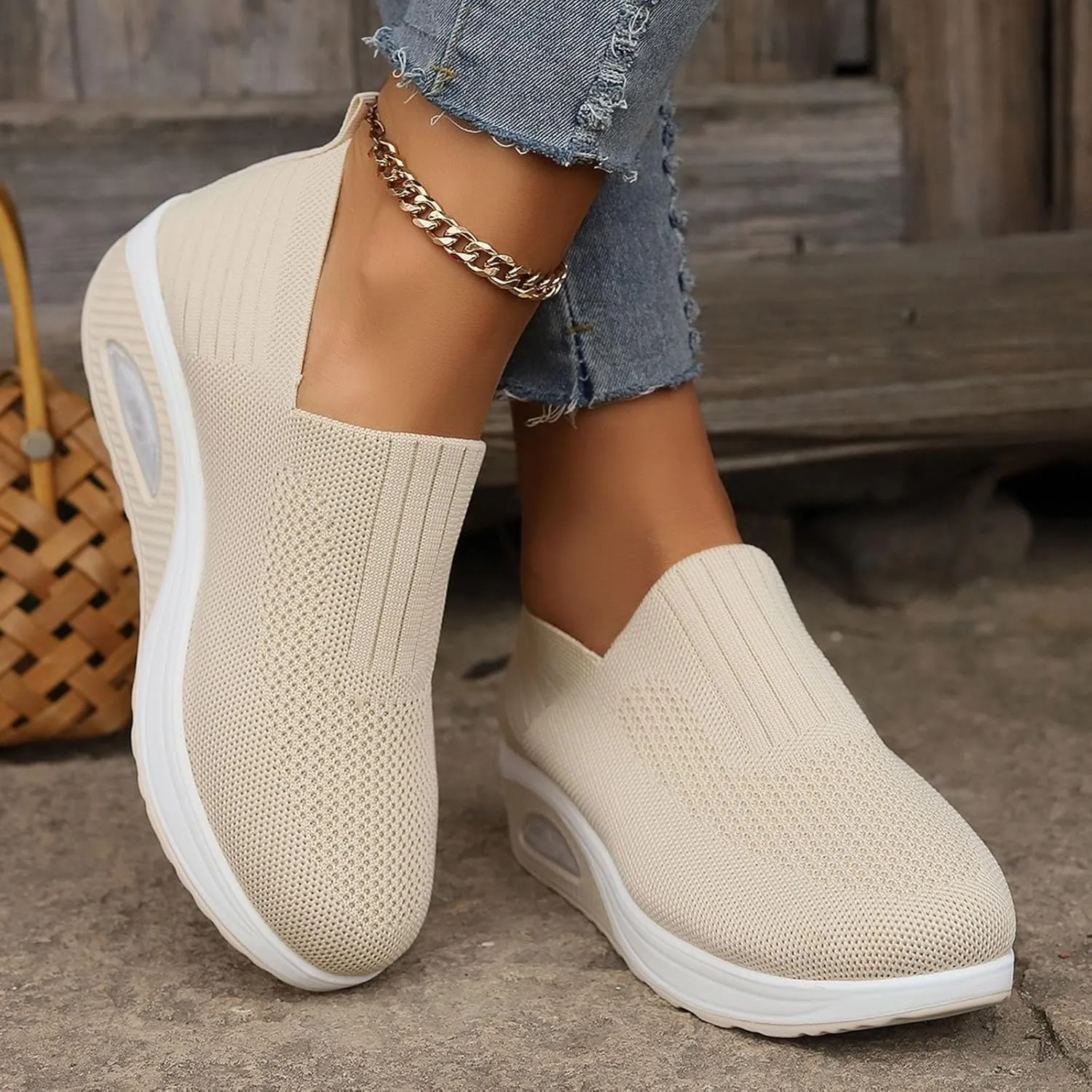 Women's Fashion Sneakers Elastic Fly Woven Mesh Shoes Breathable Solid Shoes Air Cushion Sole Cushion Shoes