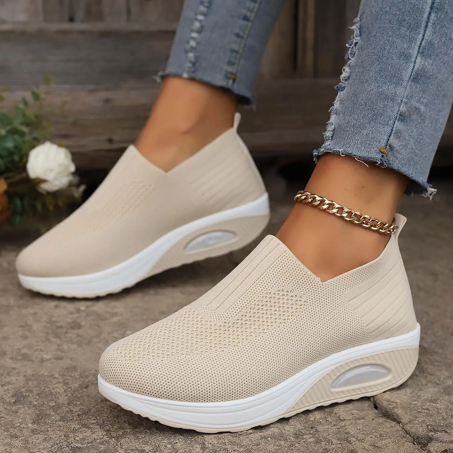 Women's Fashion Sneakers Elastic Fly Woven Mesh Shoes Breathable Solid Shoes Air Cushion Sole Cushion Shoes