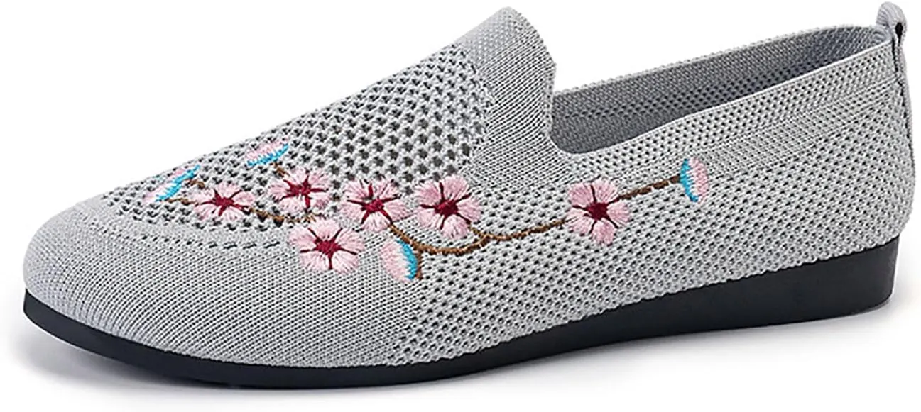 Women's Floral Embroidered Knitted Flat Shoes Casual Breathable Knitted Slip On Loafers National Style Soft Bottom Walking Shoe