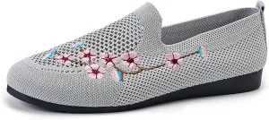 Women's Floral Embroidered Knitted Flat Shoes Casual Breathable Knitted Slip On Loafers National Style Soft Bottom Walking Shoe
