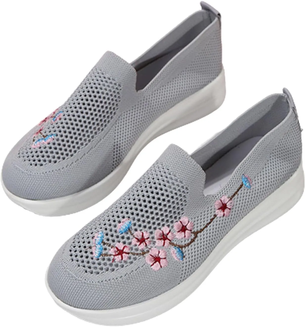 Women's Floral Embroidered Knitted Flat Shoes Casual Breathable Knitted Slip On Loafers National Style Soft Bottom Walking Shoe